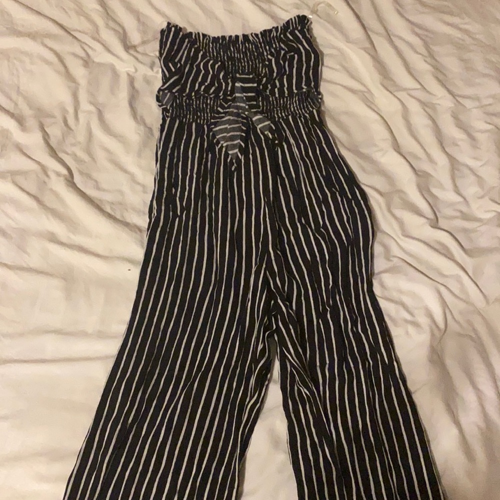 Strapless striped wide leg front tie jumpsuit